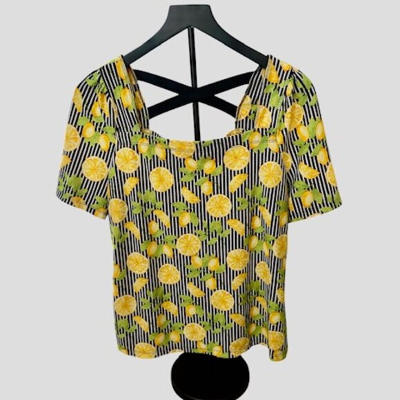 Cato Women's Medium Blouse Fruit Pin Stripes Lemon Motif Polyester RN37080 - Picture 3 of 7